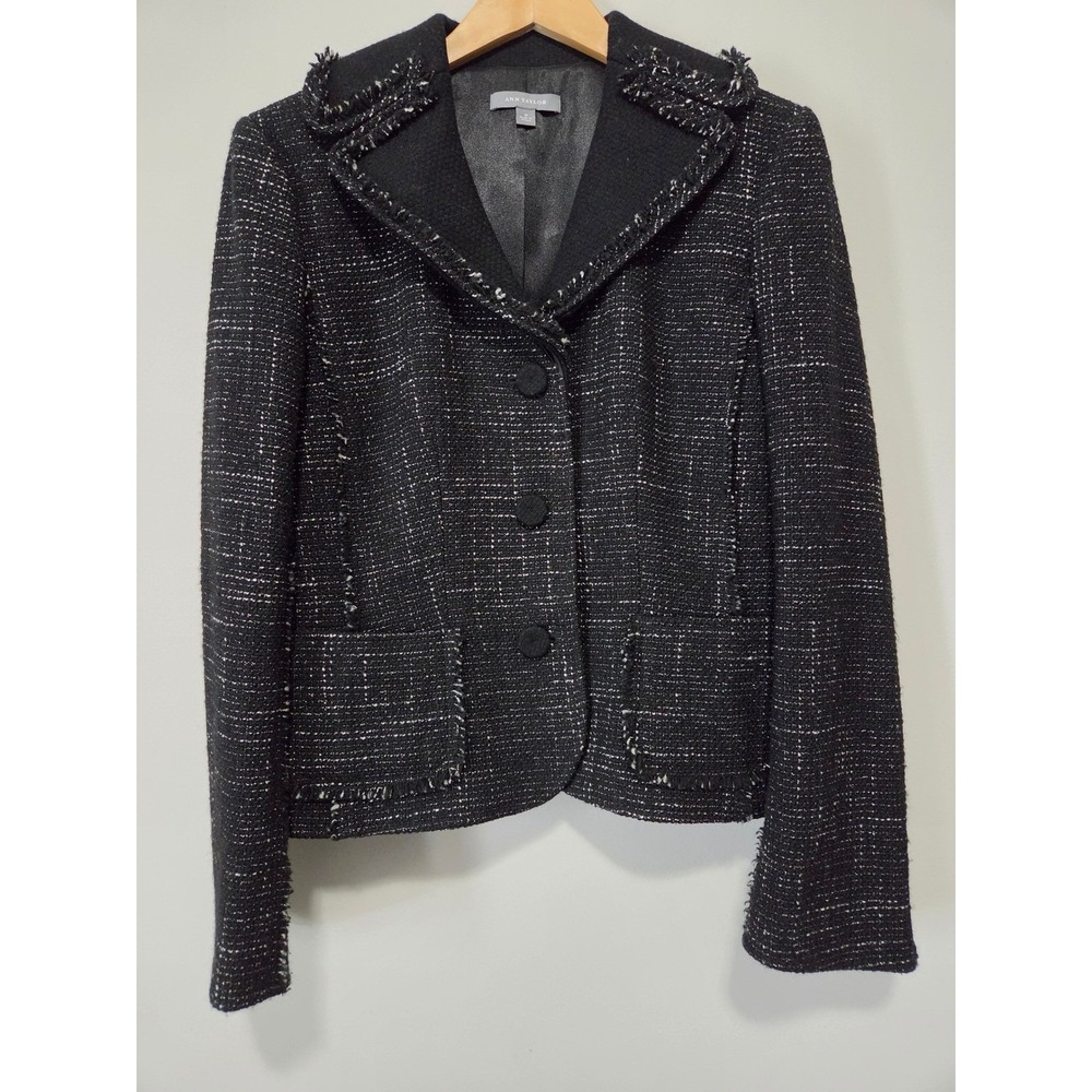 Ann Taylor Black White‎ Tweed Wool Blend Skirt Suit Set Fringe Trim Size 10